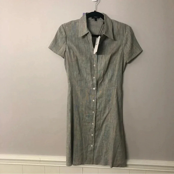Theory Short Sleeve Button Down Striped Linen Dress Size 0 NWT - Picture 2 of 14